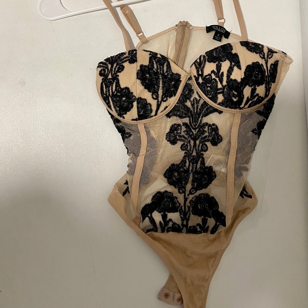 Nude and Black Lace Bodysuit